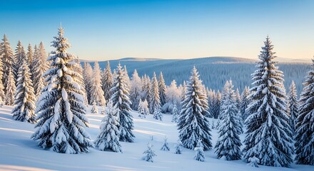 Fototapeta premium Winter forest in snow with bright sunlight on a sunny day.
