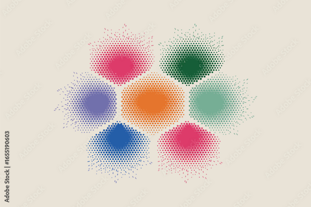 Poster Colorful halftone hexagons arranged in a circular pattern on a light background with radiating dots effect