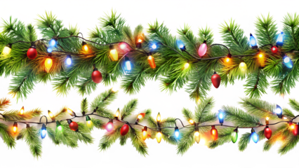 Festive christmas garland with colorful lights, isolated on transparent background