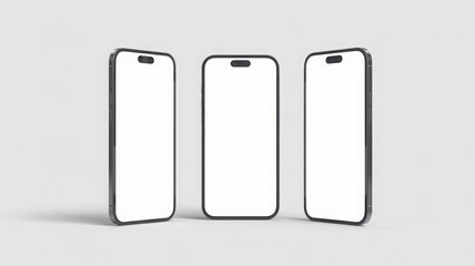 Three modern smartphones with blank screens on a light gray background