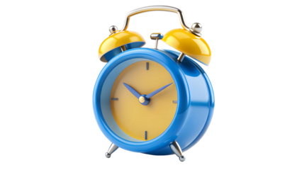 Blue and yellow vintage double bell alarm clock isolated on transparent background