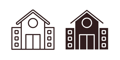 Building Icons in Line and Solid Styles, Isolated on White Background