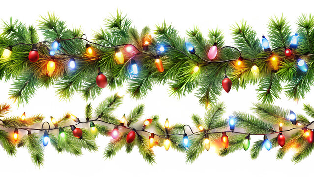 Festive christmas garland with colorful lights, isolated on transparent background