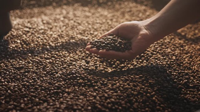 Hand reaching into pile of roasted coffee beans under warm light. Scooping generous handful while checking roast quality and texture. Preparing beans for cooling or packaging in roastery.
