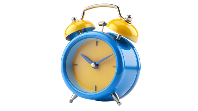 Blue and yellow vintage double bell alarm clock isolated on transparent background