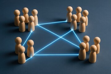 Obraz premium Wooden figures connected by glowing blue lines representing network and communication