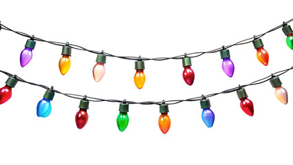 Colorful string of christmas lights with various bulbs, isolated on transparent background