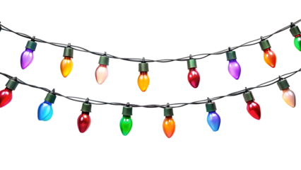 Colorful string of christmas lights with various bulbs, isolated on transparent background