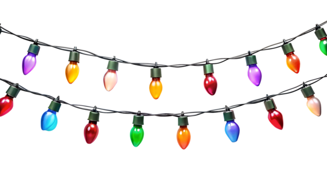 Colorful string of christmas lights with various bulbs, isolated on transparent background