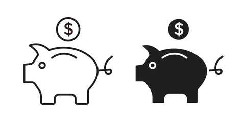 Piggy Bank Icons in Line Art with White Background