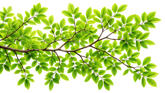 Lush green leaves on a tree branch, isolated on a transparent background, representing the vibrant essence of nature during the warmer seasons