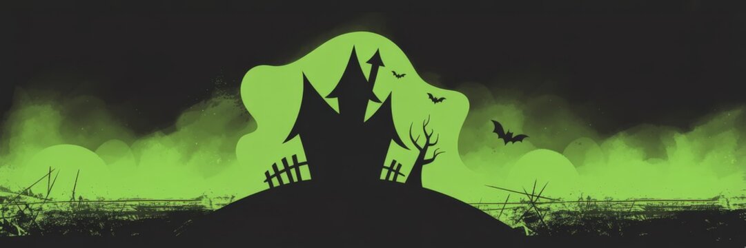Halloween Haunted House Vetor Illustration &mdash; Neon ren Fog Silhouette Black ky,Crooked Turrets, Bats,DeadTree & Broken Fence Hll | anoramic Grunge Bannr CopySpace Social Media eader, ebsit