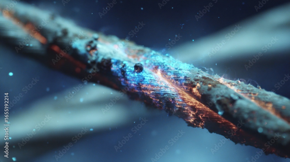 Poster focused medium shot of a corona anomaly visualized on a high voltage cable via uv imaging emphasizin