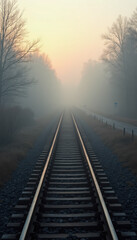 Fototapeta premium Serene Foggy Morning on a Quiet Railroad Track Surrounded by Trees