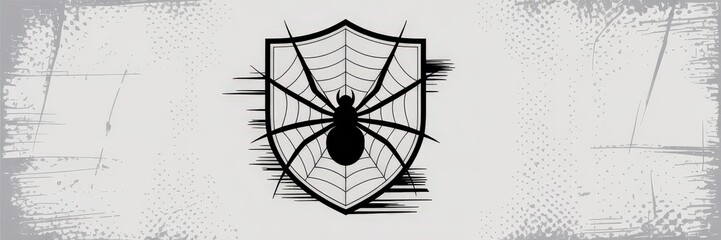 Fototapeta na wymiar Black Spider-Web Shield Vector Illustration — Monocrome Grunge Badge Light Gry Textured Background, Cenered Emblem Wide Copy Spac — Cybersecurity & WebsiteProtection Banner / Landin Page Hero (H