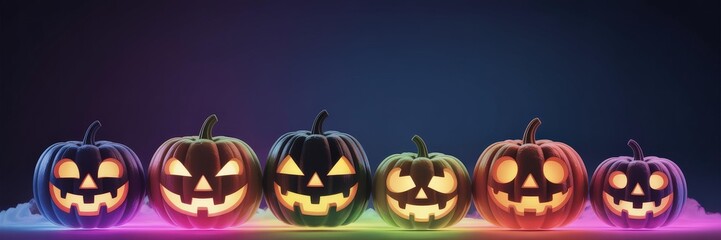 3D Neon Jack-o'-Lanterns  Stylized Row Six Glowing umpkins Amber Faces & Multcolor Rim Lighting (PurpleBlue Green Pink Orange), Lw Fog Dark Navy Gradient —Panoramic Halloween Banner/ Website He