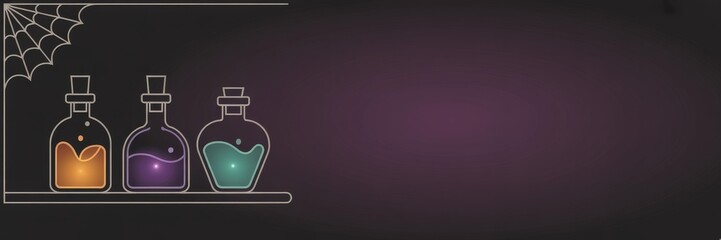 Vector Neon Line Art: Thre Glowing Potion Bottles Self — Orange, Purple & Tea Liquids; Dark Purple Gradent, Left-Aligned Panorami Banner Right Copy Space —Halloween Promotion / Webste & Social