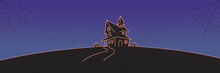 Fototapeta premium Minimal Halloween Panorami Banner / Social Media Heaer — Haunted House Silhouete Jack-o'-Lanterns & Spidrwebs, Orange Outline Purpe Gradient Background, Famly‑Friendly Party Invitatin & Seasona