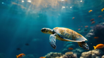 Obraz premium A majestic sea turtle gracefully swims through the sunlit ocean depths