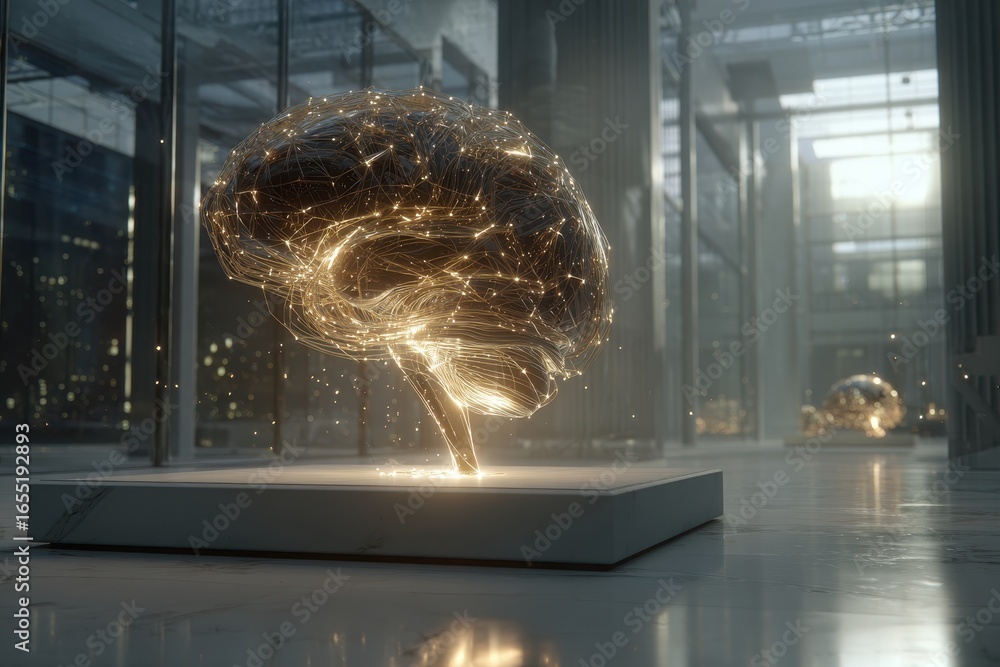 Poster artificial intelligence concept displaying a glowing brain on a pedestal, symbolizing the power of m