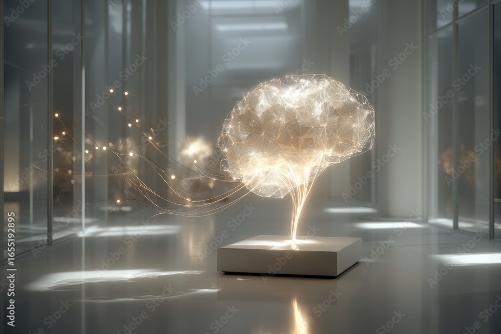 Poster abstract glowing brain structure with neural connections, symbolizing artificial intelligence and te