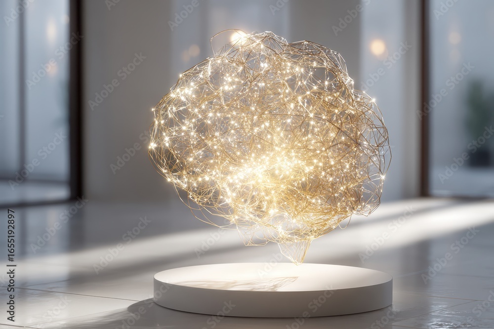 Poster abstract golden brain with glowing lights on a pedestal, representing ai, creativity and ideas, conc