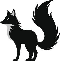 Fototapeta premium Black silhouette of a fox with a bushy tail and grey markings on white background vector