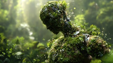 A humanoid figure made of intertwining metal and lush vegetation emerges in a tranquil forest, showcasing a blend of technology and nature. Sunlight filters through the trees, enhancing the scene.