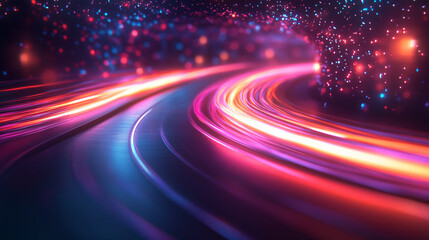 Dynamic light shapes on dark background, high-speed optical fiber concept with abstract 3d light streaks, futuristic and technology-inspired visual design.