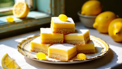 Lemon bars stacked on vintage plate with lemons