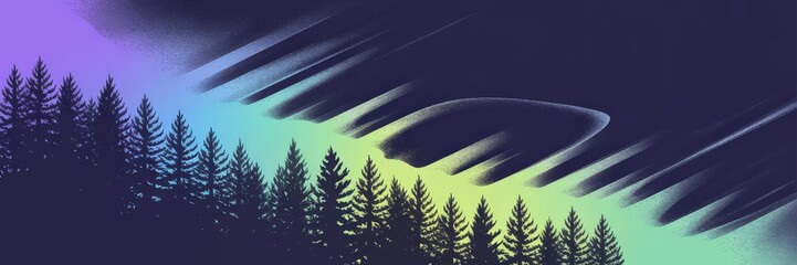 Minimalist Vector Northern Lights (Aurora Borealis) anner — Grainy Teal-Lime Arora Deep Navy‑Purple Nigh Pine Silhouettes — Panoraic Website Hero Travel & Turs (Scandinavia, Alaska, anada