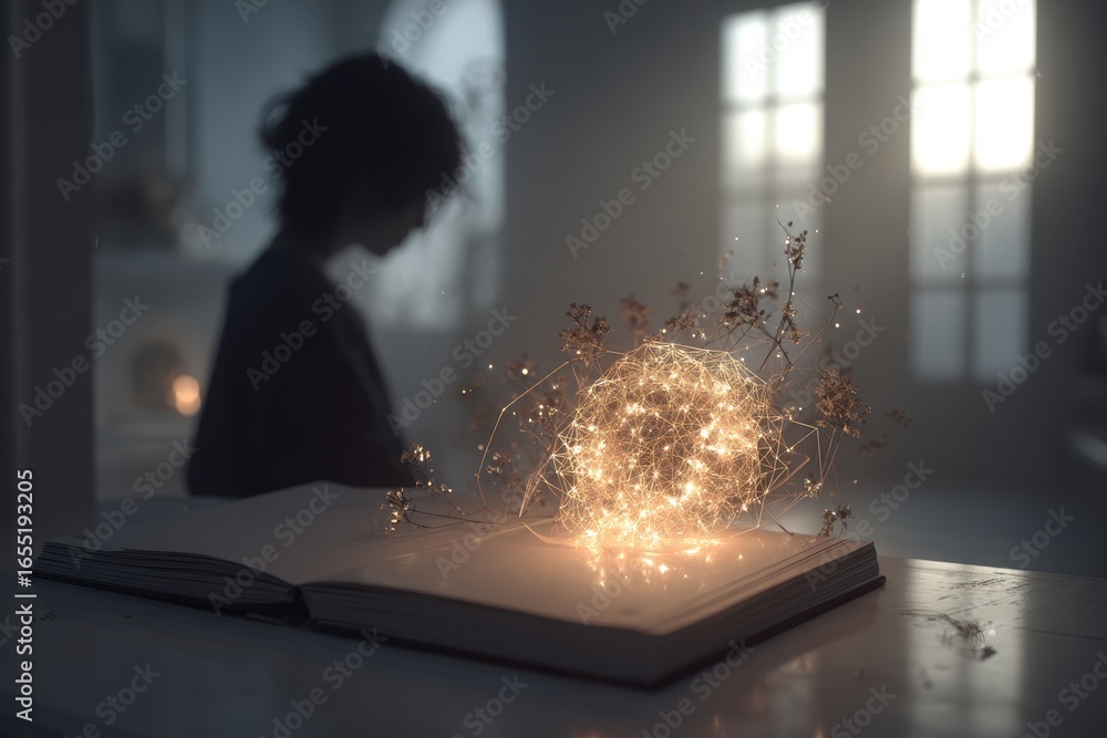 Poster mystical scene featuring a glowing sphere emerging from an open book, silhouetted figure, creating a