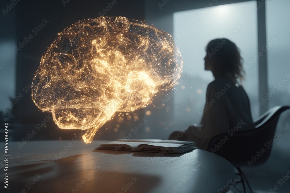 Poster a conceptual image showcasing an illuminated, abstract brain with a silhouette of a person and a boo
