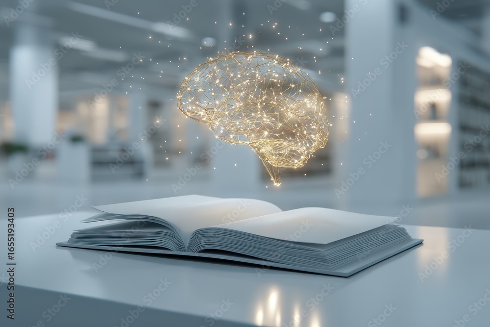 Poster a conceptual image of a glowing brain hovering above an open book in a library setting, symbolizing 