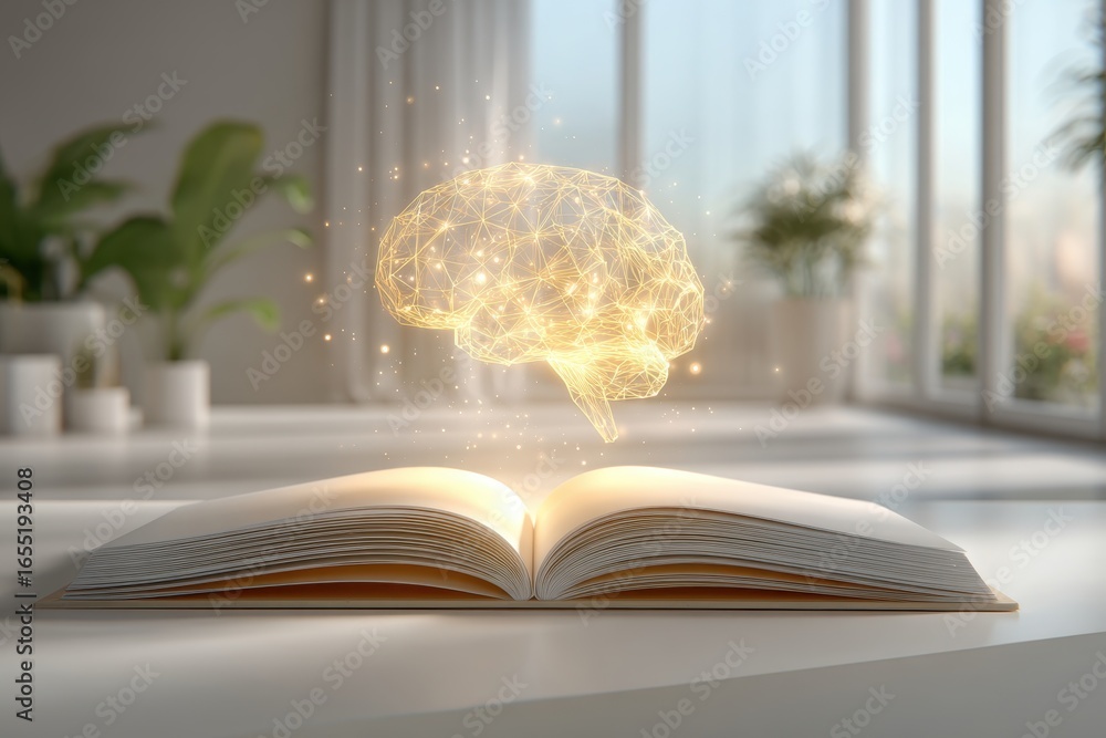 Poster a digital brain floats above an open book in a brightly lit, minimalist study space. idea generation