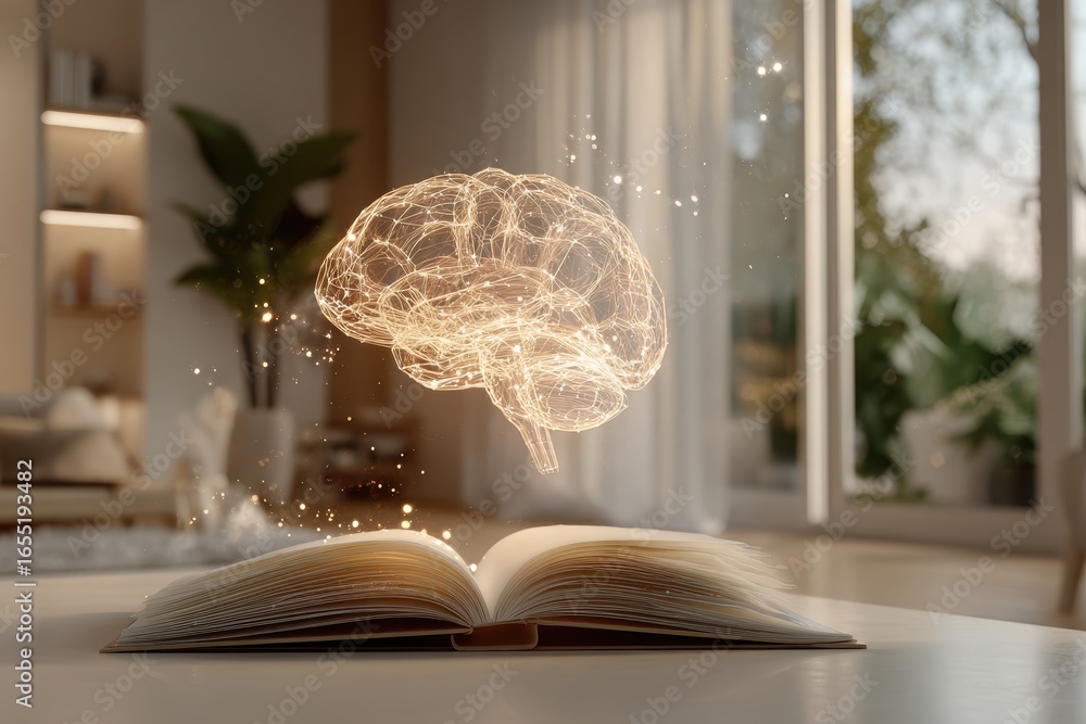 Poster conceptual image of a glowing human brain hovering above an open book, symbolizing knowledge, learni