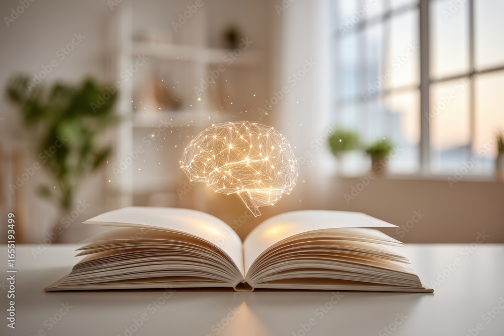 Poster an open book with a holographic brain projection, symbolizing knowledge and learning, representing e