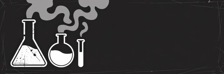 Vector Chalkboard Chemistry Banner — White-Outlined Erlenmeyer Flask, Round Flask & Test Tube Icons Gray Smoke Distressed Black Chalkboard Background, Left-Aligned, High-Contrast Copy Space Website He