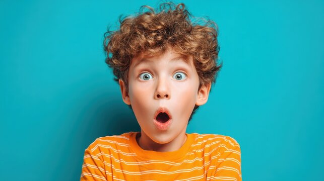 A young boy with curly hair looks astonished, wide-eyed and mouth open, sporting an orange striped shirt. The backdrop is a vibrant turquoise color, adding to the playful atmosphere.