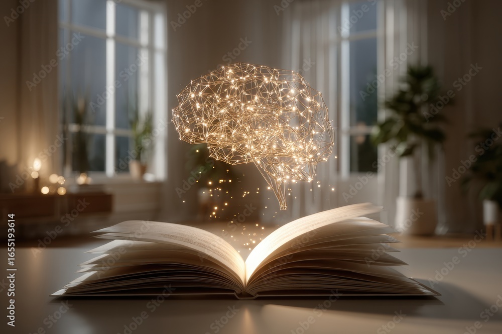 Poster an open book in a cozy room with a glowing brain hovering above, symbolizing the power of knowledge 