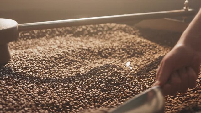 Hand using metal scoop to stir roasted coffee beans in cooling tray. Mixing batch evenly to preserve flavor and aroma while ensuring proper cooling under roastery lighting. Quality control.
