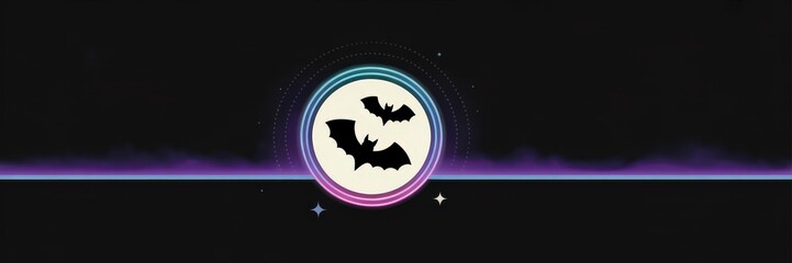 Neon Retro-Futuristic Halloween Banner Vector — Panoramic Social Media Cover Bat Silhouettes, Cream Moon & Glowing Cyan-Pink Concentric Rings, Purple Haze Black Background — Facebook/Twitter/YouTube H