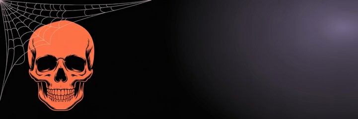 Fototapeta premium Halloween Banner Vector — Orange Grinning Skull White Spider Web, Retro Engraved Ink Line Art Black-to-Dark-Purple Gradient Background Right-Side Copy Space — Wide Web Header / Social Media Cover Part