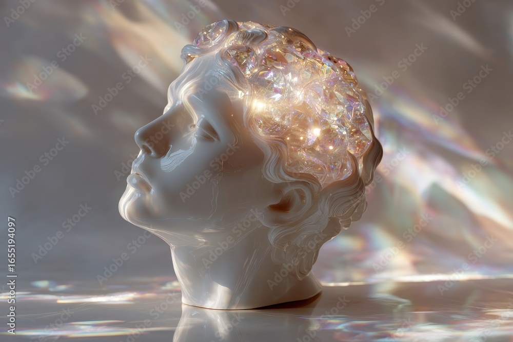 Poster conceptual 3d render of a white marble bust with a brain of precious stones, creating a unique and a