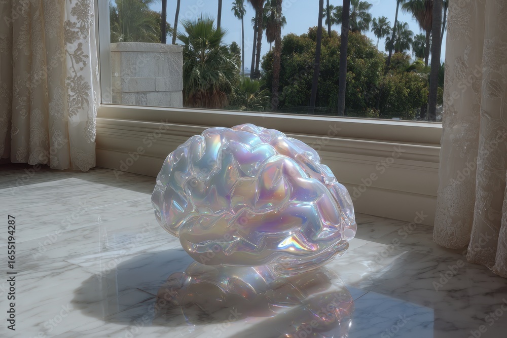 Poster a shimmering, iridescent brain sculpture resting on a marble surface, bathed in soft sunlight, with 
