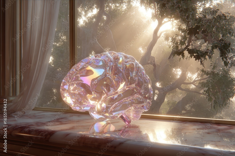 Poster a stunning crystal brain sculpture on a marble surface, illuminated by soft light streaming through 