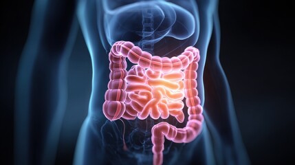 A detailed depiction of the human digestive system shows the intestines and digestive tract illuminated for educational purposes. This visualization highlights their significance in digestion.