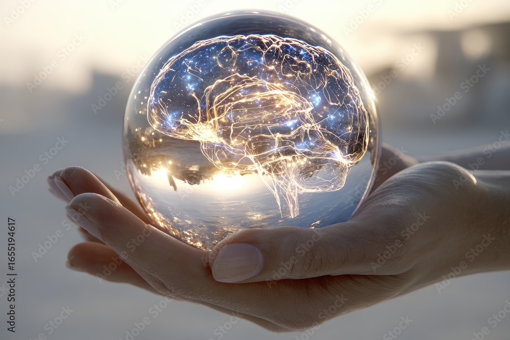 Poster a transparent sphere held in hands contains an illuminated brain with city reflection symbolizing cr