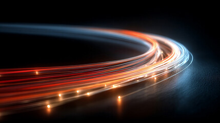 Dynamic light shapes on dark background, high-speed optical fiber concept with abstract 3d light streaks, futuristic and technology-inspired visual design.