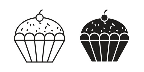 Cupcake Icons in Line and Solid Styles Isolated on White Background